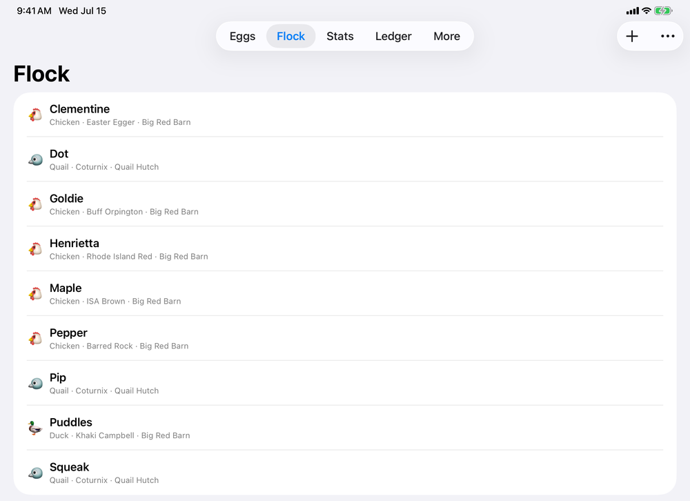 Coopr's Flock tab listing chickens, ducks, and quail by name, breed, and coop