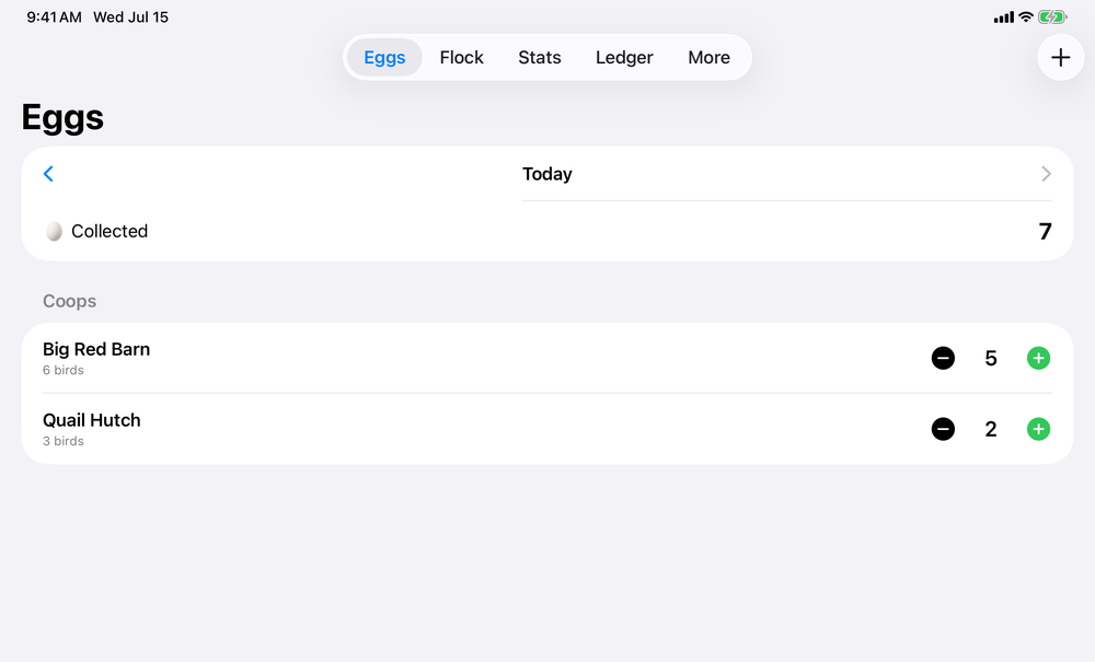 Coopr's Eggs tab showing 7 eggs collected today across two coops